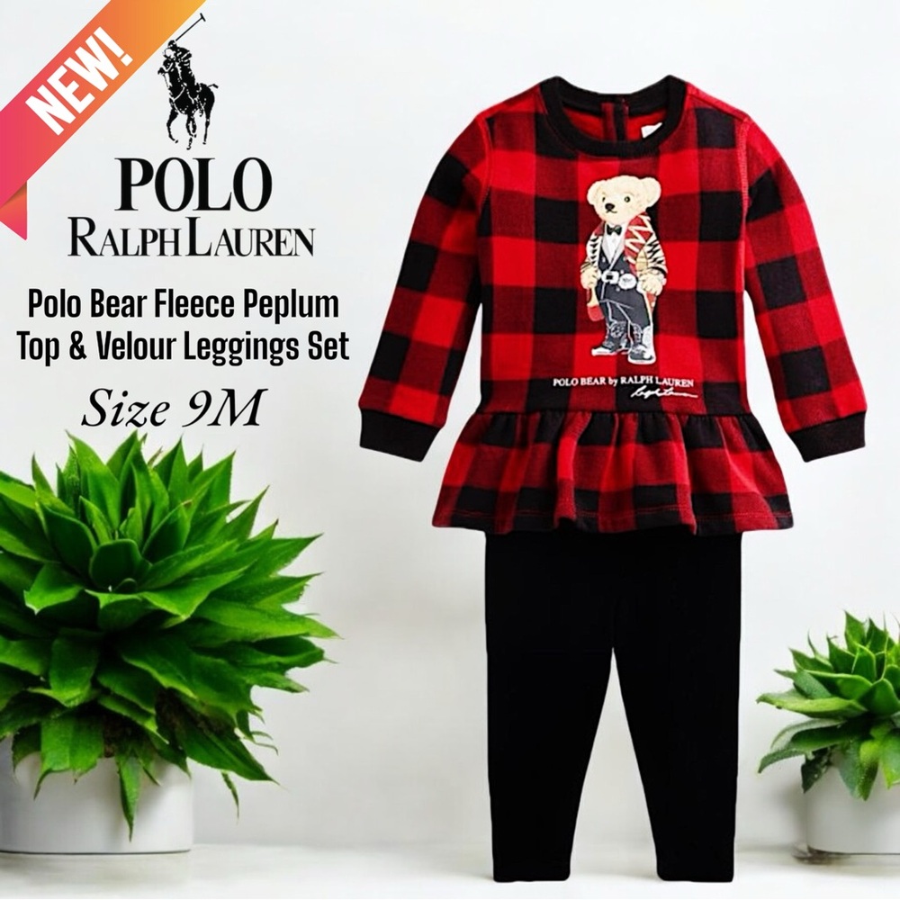Ralph Lauren Red/Black Checked Polo Bear Fleece Peplum Top & Velour Leggings Set
